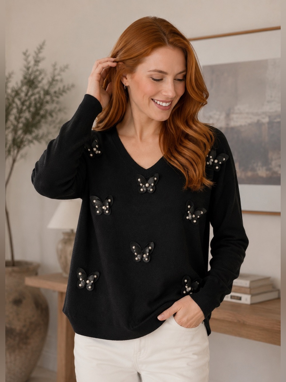 LIV MILANO BLACK V-NECK SWEATER WITH 3D FAUX LEATHER & PEARL BUTTERFLY SZ S
